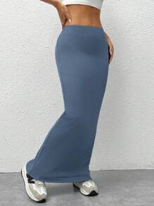 SHEIN EZwear 女款黑色針織緊身及膝裙 - 霧霾藍 - 查看 3