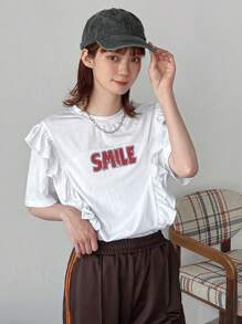 FRIFUL Ladies' Summer Round Neck Short Sleeve T-Shirt With Frill Edging And Letter Print,Ruffle Cute Tops,Graphic Tees