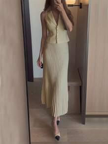 Chiquease Áo vest trắng trơn, áo blazer không tay, cổ chữ V, eo thon, váy xếp ly, bộ vest công sở thông thường thoải mái - Màu be - Xem 3