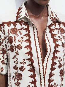 Maija 女士咖啡色植物图腾印花衬衫，休闲海滩度假装，现代时尚短袖上衣，轻盈，适合春夏季 - 彩色 - 查看 6