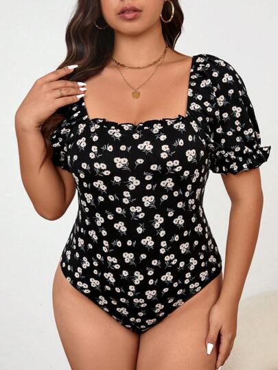 SHEIN Frenchy Plus Size Boho Bridgerton Women's Random Printed Casual Bodysuit For Daily Wear Bridgerton Style, For Summer