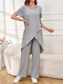 Seusyu Ladies' Solid Color Simple Casual Short Sleeve Top And Long Pants Set, Daily Wear - Grey - View 5