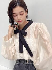FRIFUL 女士蝴蝶領休閒日常長袖上衣 - 米色 - 查看 6