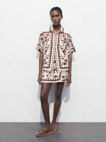 Maija 女士咖啡色植物图腾印花衬衫，休闲海滩度假装，现代时尚短袖上衣，轻盈，适合春夏季 - 彩色 - 查看 4