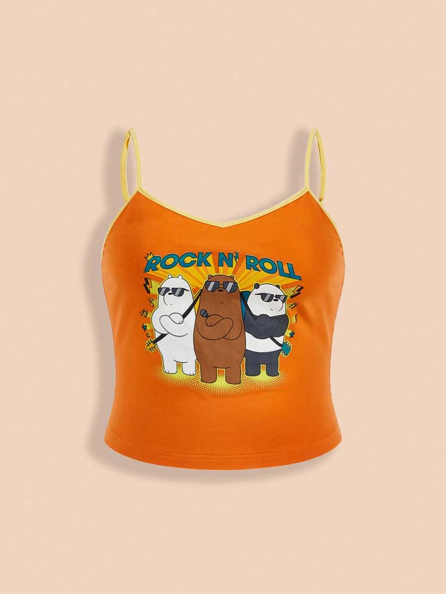 We Bare Bears X SHEIN Plus Size Fashionable And Versatile Casual Summer Ringer Cami Top With Bear And Letter Print, High Elasticity - Orange - View 1