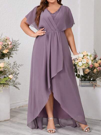 royal purple plus size bridesmaid dresses Flowy Plus Size Split Ruffles Sleeves V-neck A-Line Chiffon Bridesmaid Dress