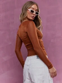 MISSGUIDED Sheer Mesh Long Sleeve Top - Brown - View 2