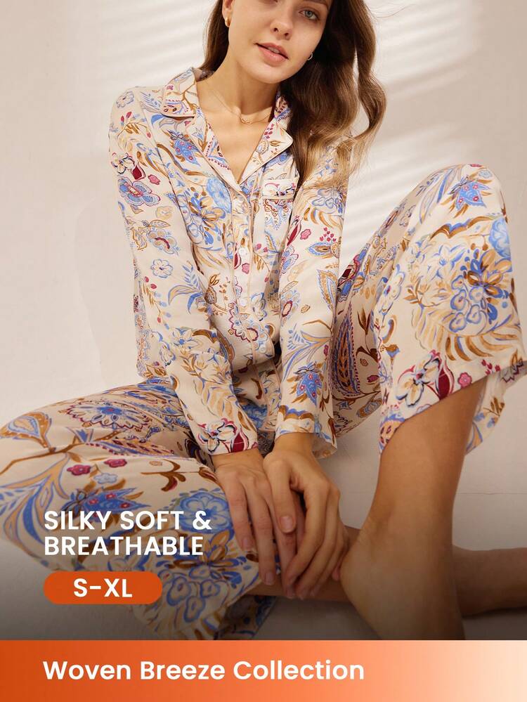 Conjunto de pijama de mujer con top de botones y pantalones de raión con estampado de paisley para vacaciones, conjunto de ropa de descanso y lencería