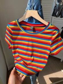Comfortcana Colorful Striped Knitted Slim-Fit Women's T-Shirt