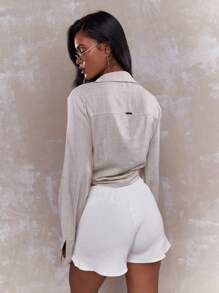 MISSGUIDED Rave Tying Knot Detail Linen Long Sleeve Crop Shirt Blouse - Beige - View 2