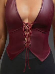 Hauture Lace Up PU Leather Halter Top - Burgundy - View 6