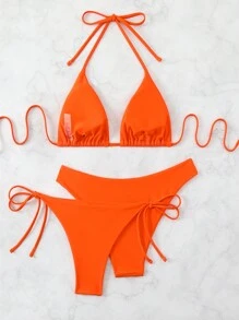 Swim Basics Women Summer Beach Solid Halter Neck 3-Piece Bikini Set Bathing Suit, Suitable For Holiday Orange Bikiniswimsuit Set - Orange - View 2