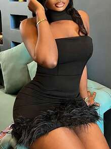 SHEIN 女士性感羽毛修邊無袖連衣裙 - 黑色 - 查看 4