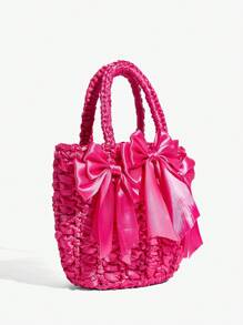 SHEIN ICON DAMEN, DAMEN HENKELTASCHE, GEFLOCHTENE TASCHE, FÜR DATE, GEBURTSTAG, DATE NIGHT, PARTY, LUSTIG, PREPPY, SÜSS, Y2K, Modisch, Personalisiert, Süß und Cool Hot Girl, Fliege, Knallpink, Handgehäkelt, Teenager - Heißes Pink - Übersicht 3