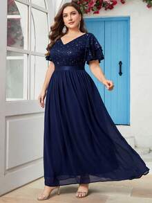 Đầm dạ hội cỡ lớn, cổ chữ V, đính sequin, tay áo cánh bướm, chất liệu chiffon phối màu tương phản, phù hợp cho khách dự đám cưới, sinh nhật, tiệc chiêu đãi, lễ hội và các dịp khác. - Màu xanh hải quân - Xem 5