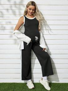 SHEIN Maternity Outdoor Street Style Lightweight Sports Round Neck Vest And Adjustable Elastic Waist Drawstring Combo Two-Piece Set For Pregnant Women