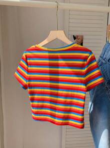 Comfortcana Colorful Striped Knitted Slim-Fit Women's T-Shirt
