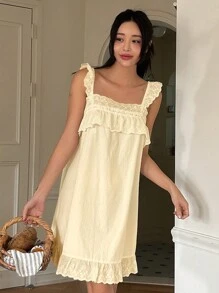 DAZY Cute Embroidered Lace Strap Nightdress, Moo Moo Pajama - Yellow - View 3