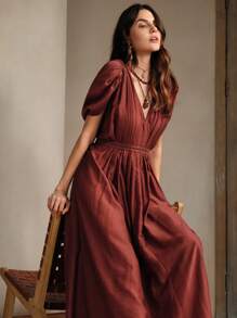 Anewsta Classic & Romantic Women's V-Neck Pleated Waist Dress With Linen Fabric Maxi Women Outfit