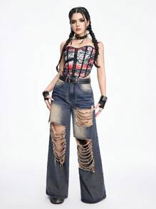Grunge Punk Ladies' Punk Style Distressed & Ripped Jeans, Faded And Torn Design - Medium Wash - View 2