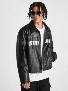 Manfinity RebelGame Men's Leather Printed English Pattern Jacket, For Fall Winter - Black - View 7