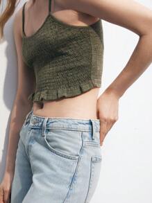Maija Top de verano para mujer con espalda de camisola corta, dobladillo con ribete de volantes y empalmes de unicolor