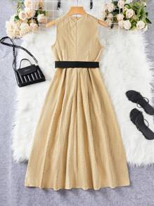 Modelyn Đầm không tay cổ chữ V Jacquard thanh lịch dành cho nữ có cổ yếm - Màu Khaki - Xem 2