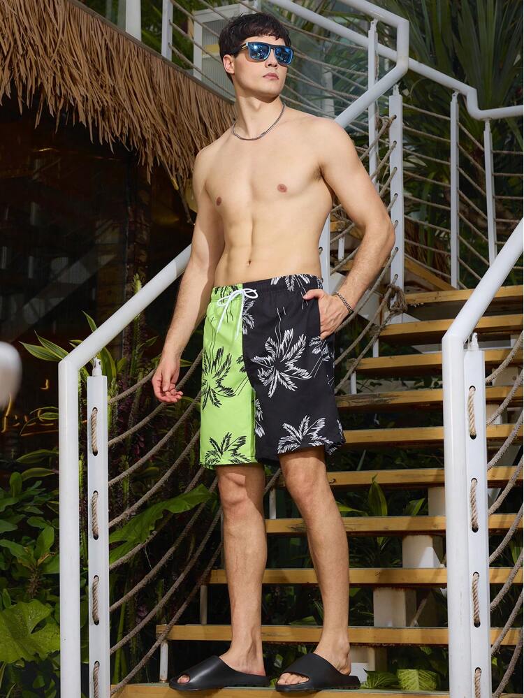 Men's Palm Tree Printed Drawstring Waist Loose Beach Shorts For Vacation