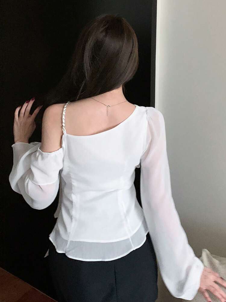 Women's Elegant Solid Color Long Sleeve Asymmetrical Collar Blouse For Summer