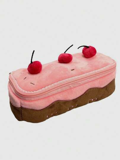 ROMWE Kawaii 1 pieza Estuche de lápices de peluche con diseño de tarta de cereza (posición de lunares al azar), útiles escolares, regreso a la escuela