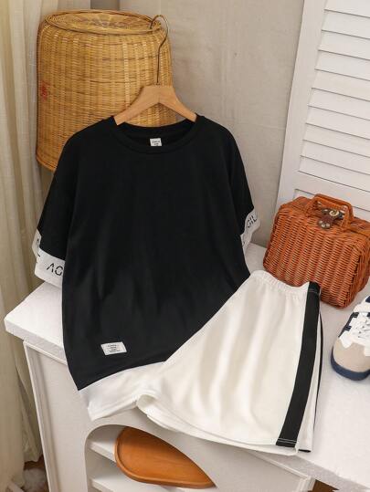 SHEIN Conjunto de manga corta y pantalón largo con patrón casual y tallas grandes para niños preadolescentes, económico, adecuado para trabajar, escuela, uso diario, vacaciones, deportes, otoño e invierno