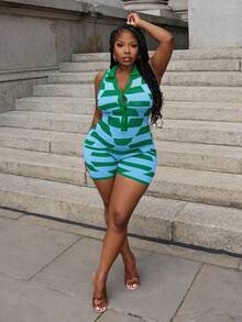 Slaydiva 新品休闲紧身双色不对称格子针织半襟无袖马球领连体裤，海滩度假风格