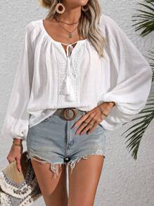 Lunelith SHEIN Lunessa Lace Patchwork Tassel Tie Vacation Lantern Sleeve Blouse Fall Cloth For Women