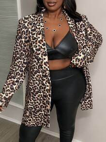 Slaydiva Blazer informal de talla grande para mujer con estampado de leopardo - Multicolor - Ver 3