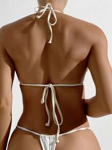 SHEIN Swim Women's Summer Beach Light Yellow Bikini Top With Frill Trim And Neck Ties - Yellow - View 2