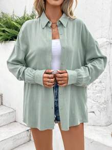 SHEIN Frenchy Áo sơ mi nữ công sở màu xanh lá cây, chất liệu vải lanh, kiểu dáng cổ điển, màu trơn, tay dài, thích hợp mặc mùa đông. - Nhiều màu - Xem 3