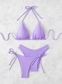 Swim Basics Women's Solid Color Halter Halter Sexy Bikini Set With Separated Bikini Set Top, Bottom And Cover-Up, Summer Beachwear 3pcs - Mauve Purple - View 3