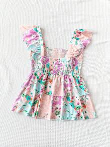 SHEIN Dreamara 拼色浪漫短袖修身女上衣，印有花卉圖案 - 彩色 - 查看 2