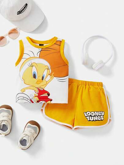 LOONEY TUNES X SHEIN Ensemble de débardeur imprimé avec dessin animé sportif et short pour bébé garçon, idéal pour l'été