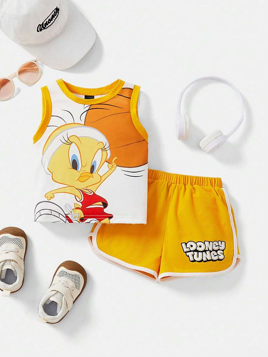 LOONEY TUNES X SHEIN Ensemble de débardeur imprimé avec dessin animé sportif et short pour bébé garçon, idéal pour l'été