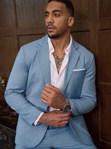 Manfinity Mode Men's Single-Breasted Suit Collar Casual Daily Blazer - Blue - View 7