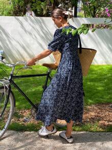 DAZY 女士随机印花简约日常V领夏季连衣裙碎花吊带裙度假装 - 藍色 - 查看 5