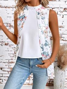 SHEIN Clasi Camisa de mujer elegante y romántica con cuello alto, bajo asimétrico, estampado floral y textura de rayas blancas en gasa, adecuada para uso diario, compras, citas y viajes. Camisa blanca, camisa floral, tops de estilo country, camisas de mujer para maestras y trabajo - Blanco - Ver 4