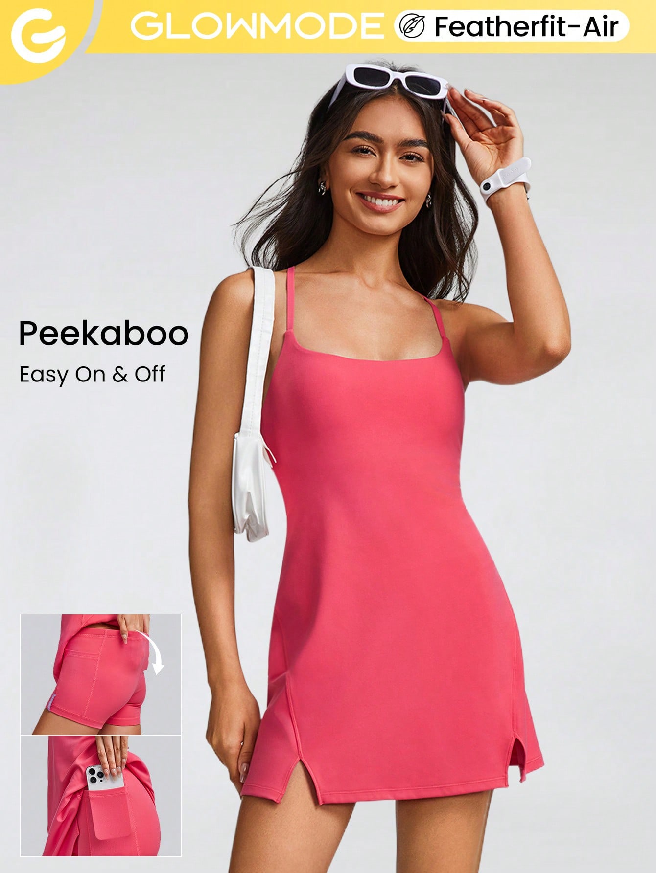 GLOWMODE FeatherFit -Air Elevate A-Line Built-In Peekaboo Short Pocket Mini Slip Dress Low Impact Daily Summer Quick Dry Moisture Wicking,XL