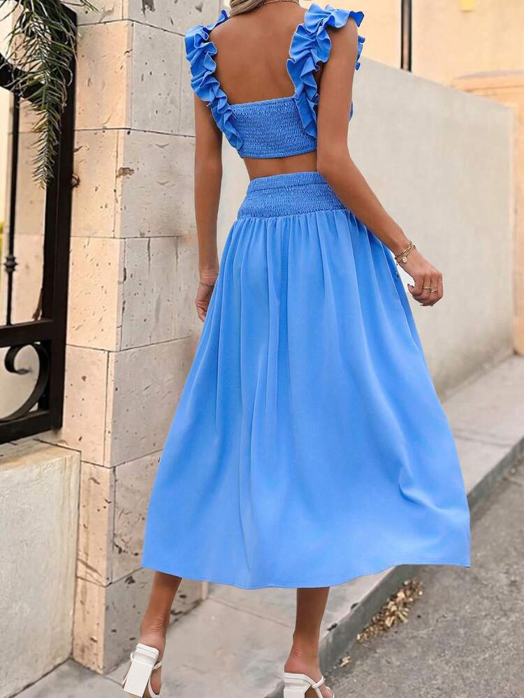 Women's Solid Color Ruffle Trim Cropped Top And Skirt Set, Holiday Leisure