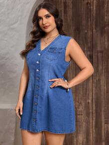 SHEIN CURVE+ Plus Size Women Non-Stretch Blue Denim Sleeveless Casual Dress