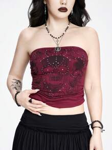 ROMWE Goth 印有黑暗哥特式骷髏和玫瑰元素的女士無肩帶上衣，配有閃亮的鑽石 - 紅色 - 查看 2