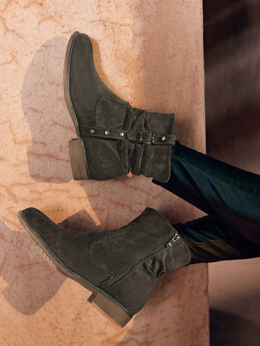 Styleloop Botines Casuales Para Mujeres Con Tacón Grueso Y Diseño Slip-on De Moda - Verde militar - Ver 1
