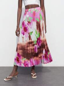 Maija 女士夏季時尚水印花褶皺裙 - 杏色 - 查看 5