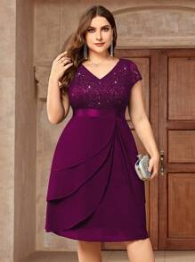 Sequin Lace V-Neck Ruffle Hem Chiffon Cocktail Dress, Suitable For Valentine's Day, Dinner Date, Graduation Ceremony, Homecoming - Maroon - View 4